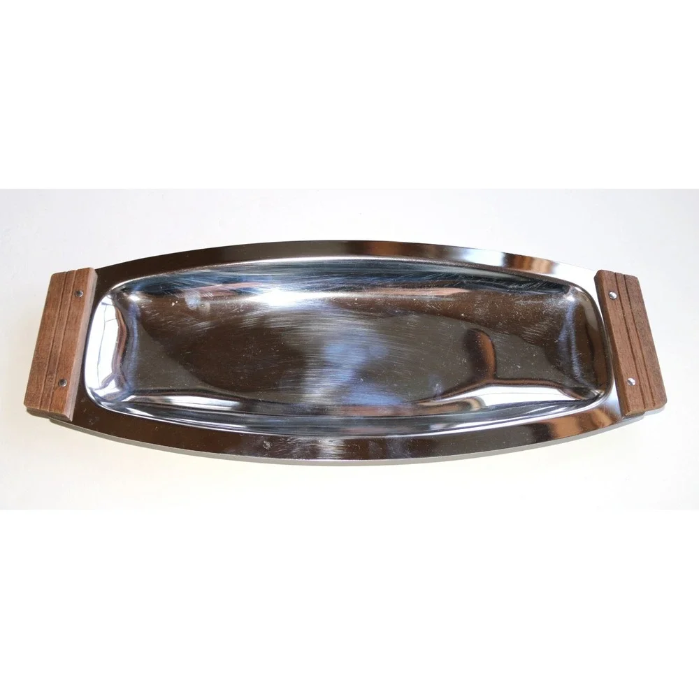 Vintage Chrome Kromex Serving Tray with‎ Wood Handles Original Label